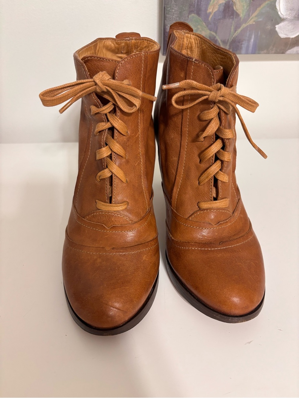 Frye womens 9.5 M Bella Hi Lace Up 77112 Brown Ankle Boots Bootie 4” Heel Italy - Picture 4 of 10
